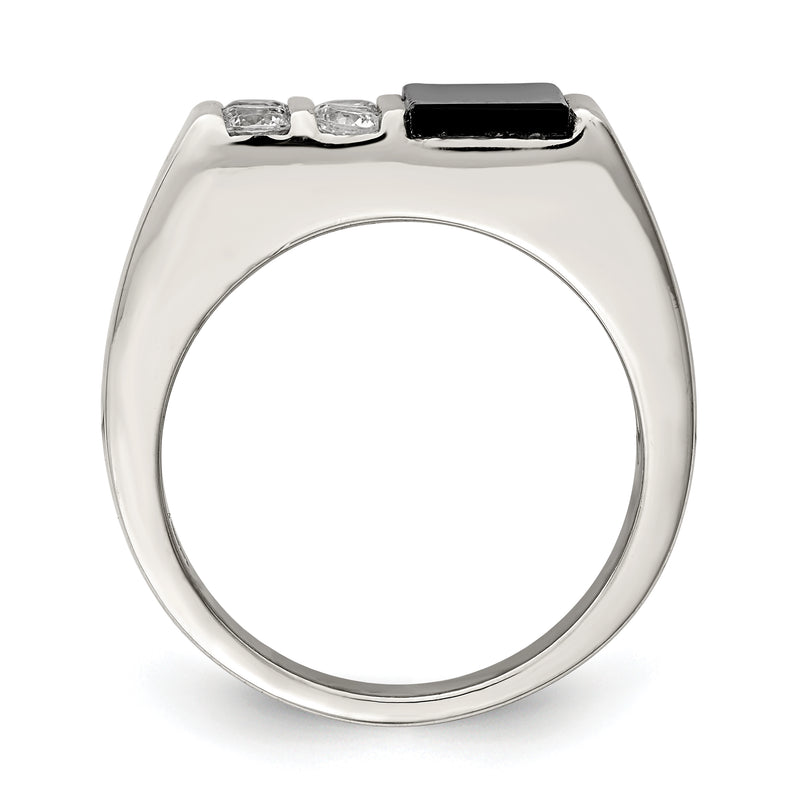 Sterling Silver Rhodium Plated Men'S Cz And Onyx Ring