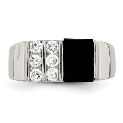 Sterling Silver Rhodium Plated Men'S Cz And Onyx Ring