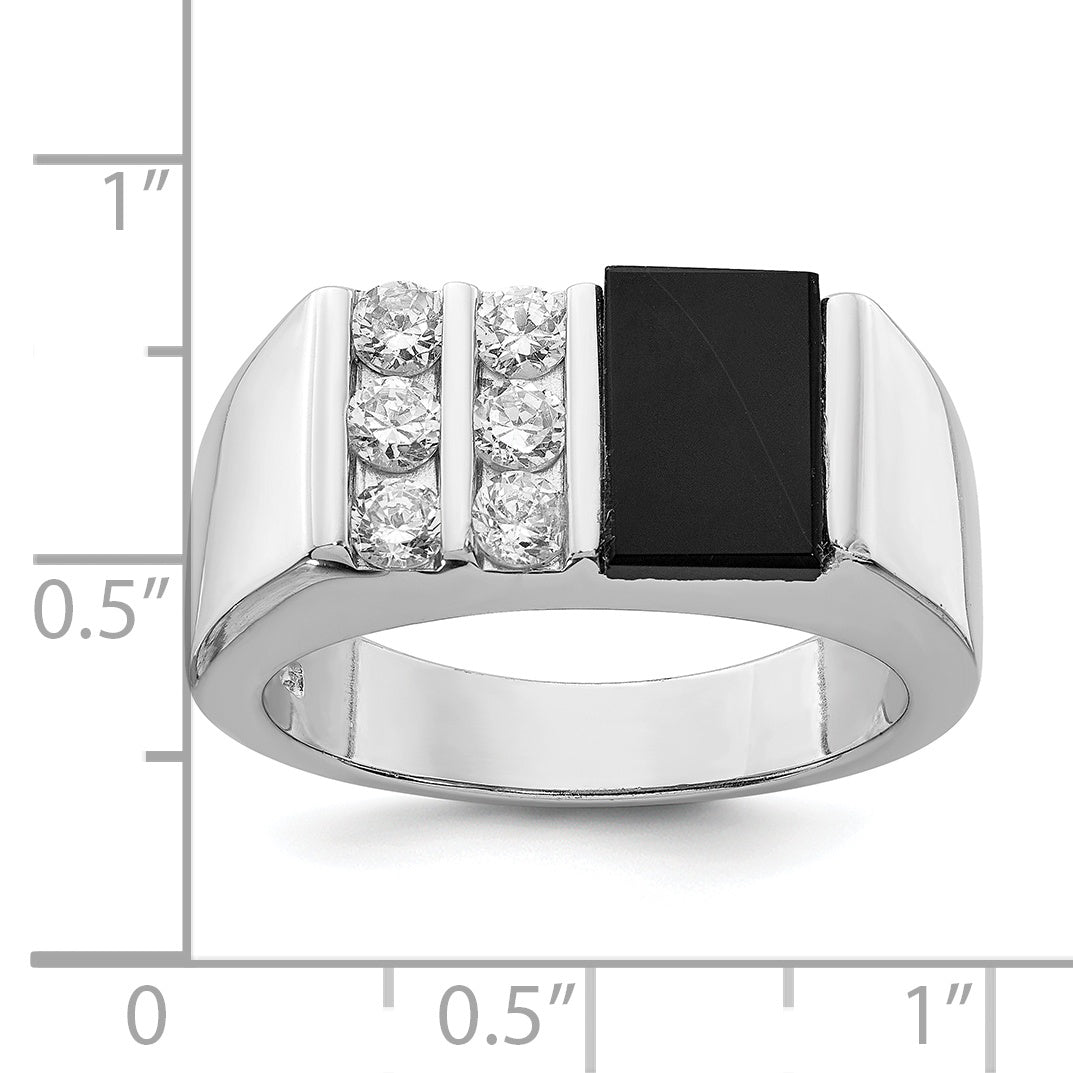 Sterling Silver Rhodium Plated Men'S Cz And Onyx Ring