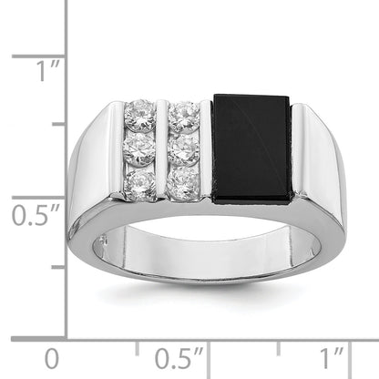 Sterling Silver Rhodium Plated Men'S Cz And Onyx Ring