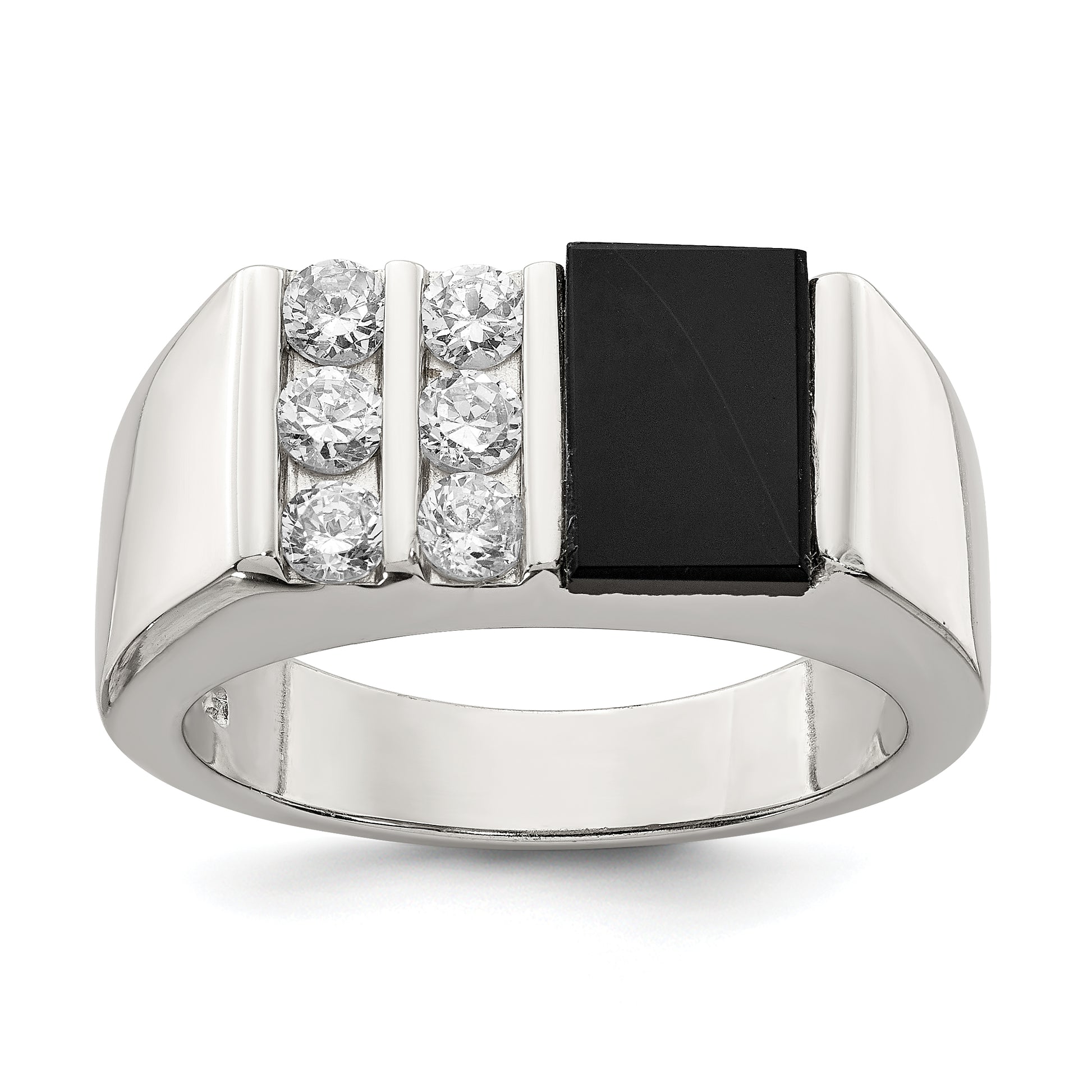 Sterling Silver Rhodium Plated Men'S Cz And Onyx Ring