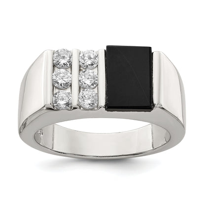 Sterling Silver Rhodium Plated Men'S Cz And Onyx Ring