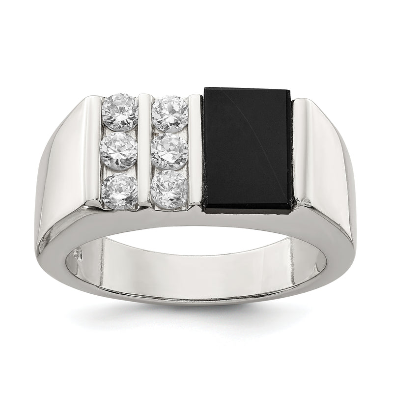 Sterling Silver Rhodium Plated Men'S Cz And Onyx Ring