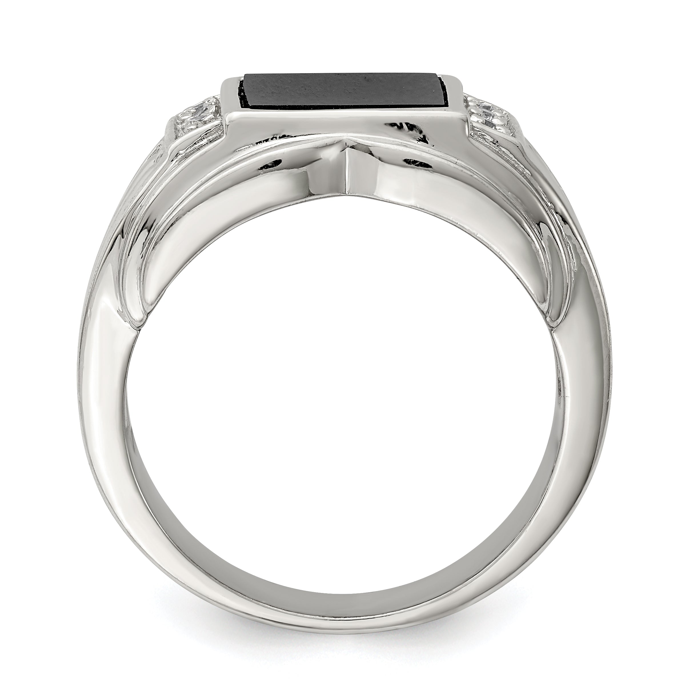 Sterling Silver Rhodium Plated Cz And Onyx Ring