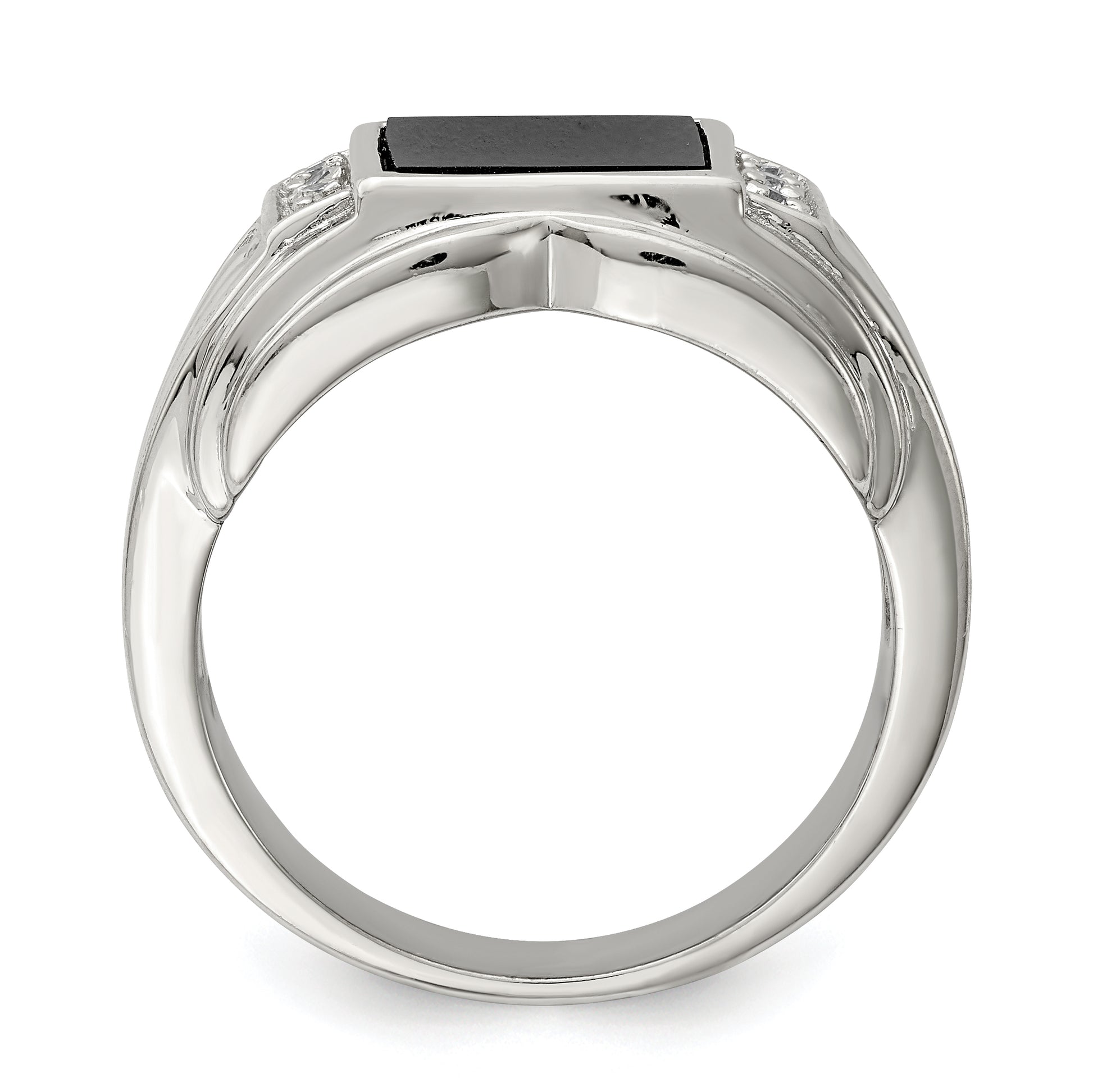 Sterling Silver Rhodium Plated Cz And Onyx Ring