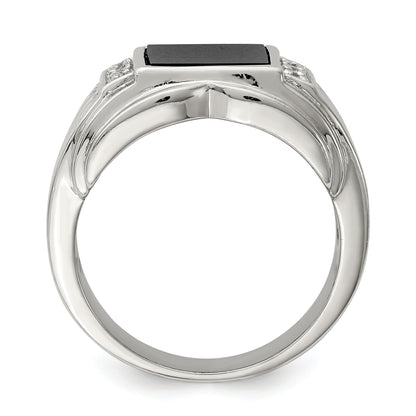 Sterling Silver Rhodium Plated Cz And Onyx Ring
