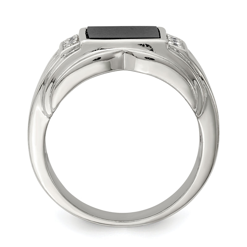 Sterling Silver Rhodium Plated Cz And Onyx Ring