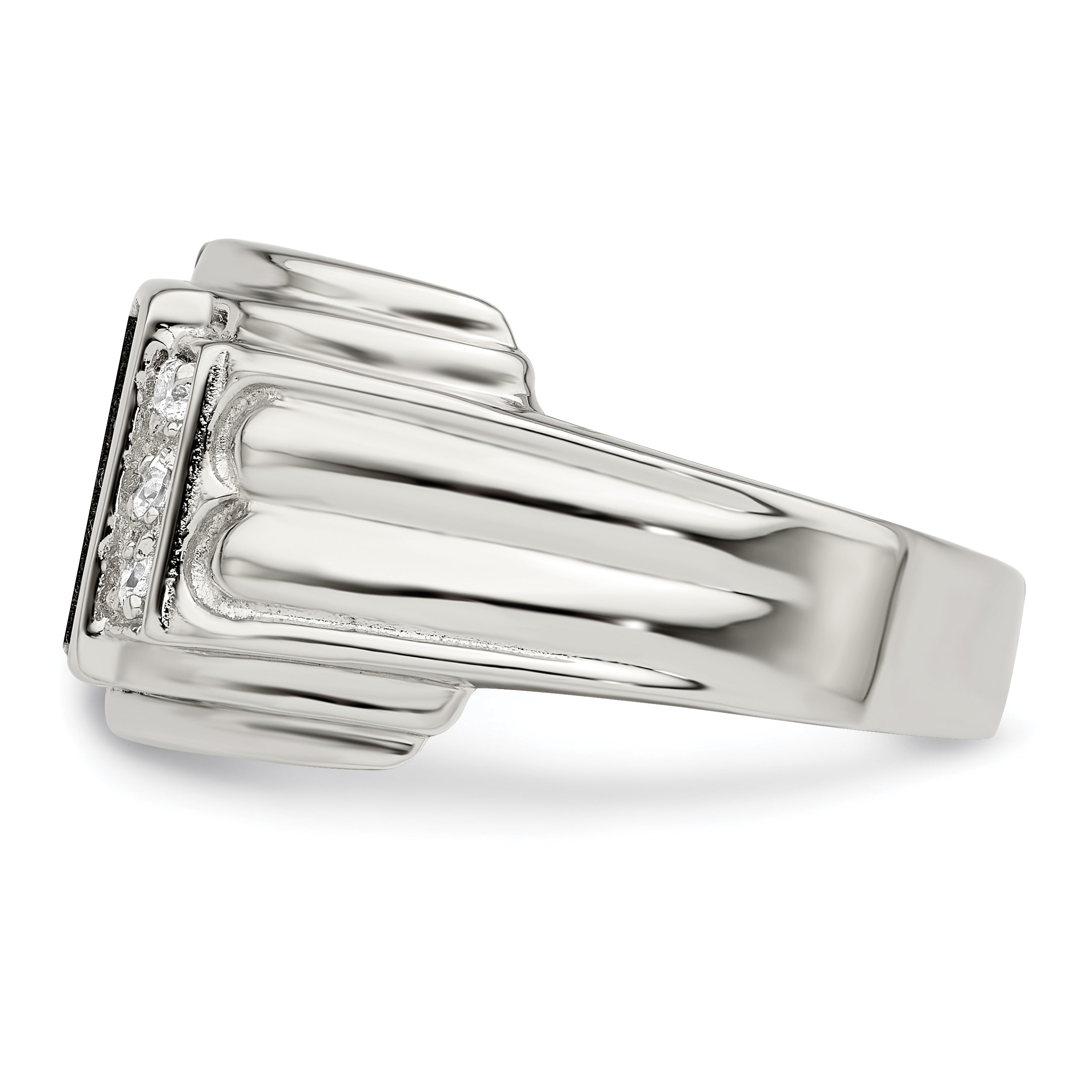 Sterling Silver Rhodium Plated Cz And Onyx Ring