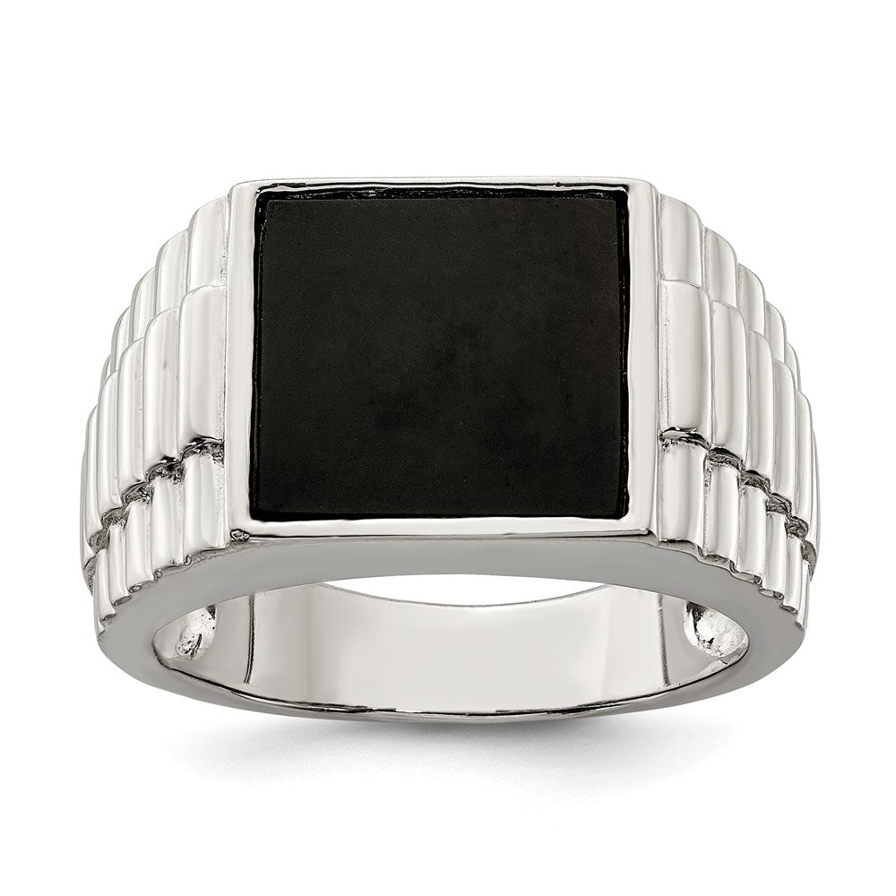 Sterling Silver Rhodium Plated Men'S Onyx Ring