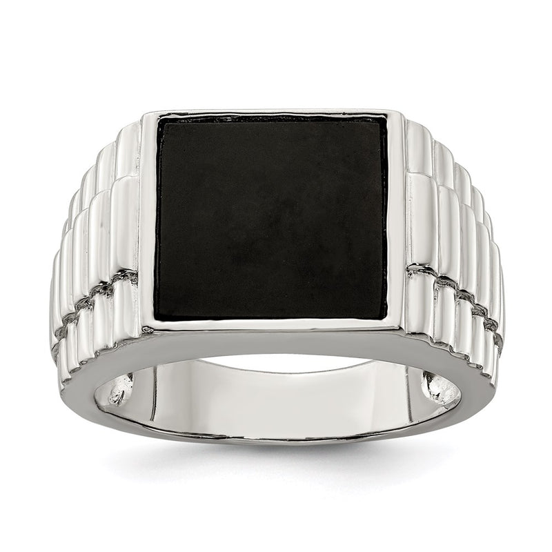 Sterling Silver Rhodium Plated Men'S Onyx Ring