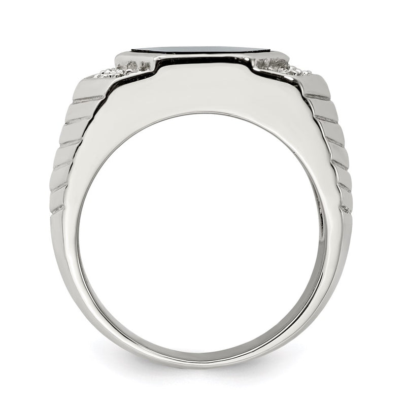 Sterling Silver Rhodium Plated Men'S Cz And Onyx Ring