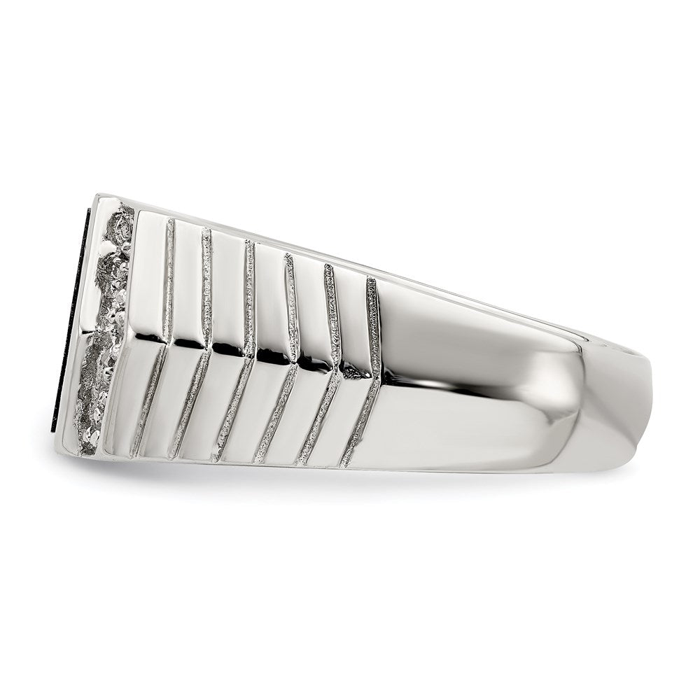Sterling Silver Rhodium Plated Men'S Cz And Onyx Ring