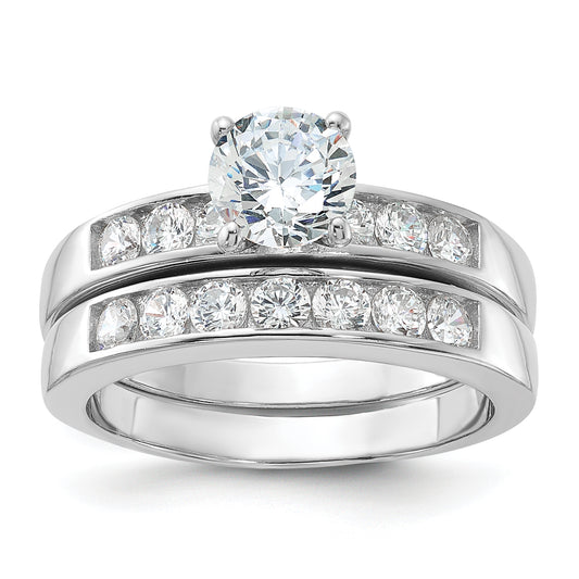 Sterling Silver Rhodium Plated Cz Engagement Ring And Wedding Band Two Piece Set