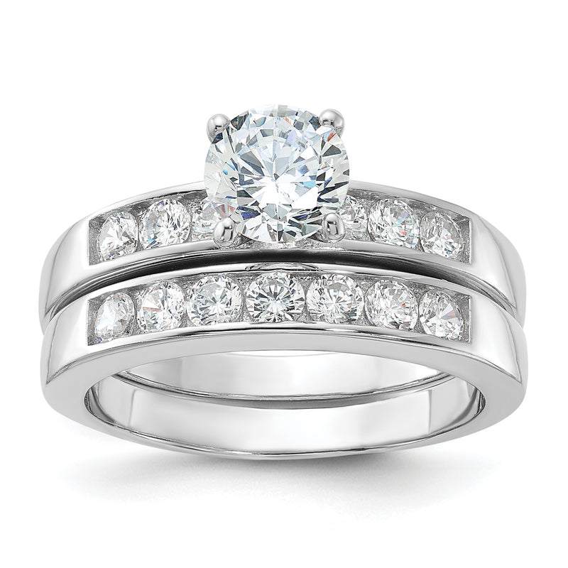 Sterling Silver Rhodium Plated Cz Engagement Ring And Wedding Band Two Piece Set