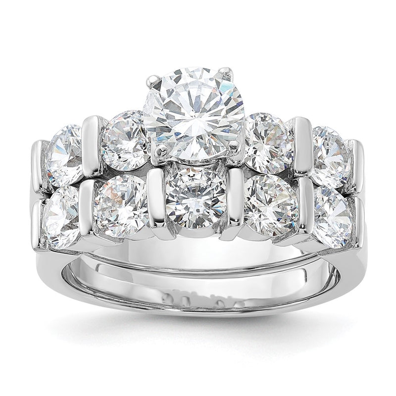 Sterling Silver Rhodium Plated Cz Engagement Ring And Wedding Band Two Piece Set