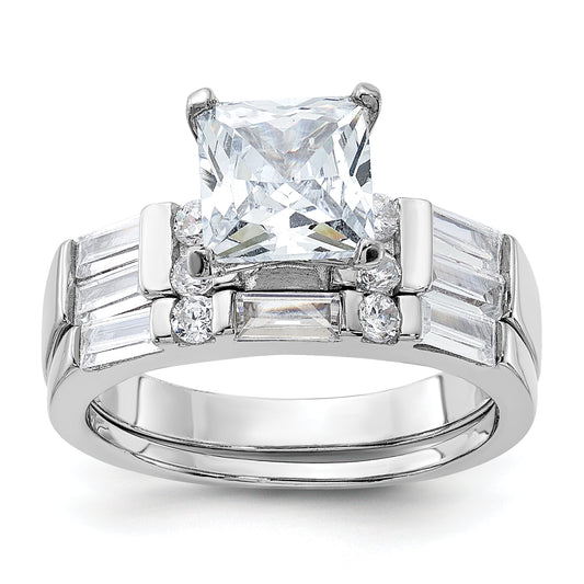 Sterling Silver Rhodium Plated Cz Engagement Ring And Wedding Band Two Piece Set