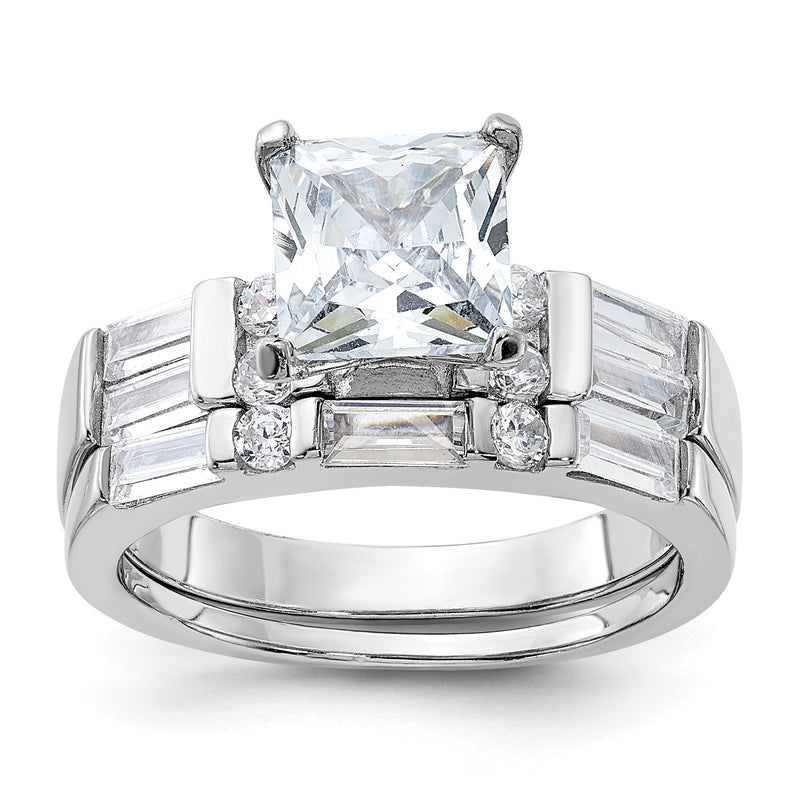 Sterling Silver Rhodium Plated Cz Engagement Ring And Wedding Band Two Piece Set