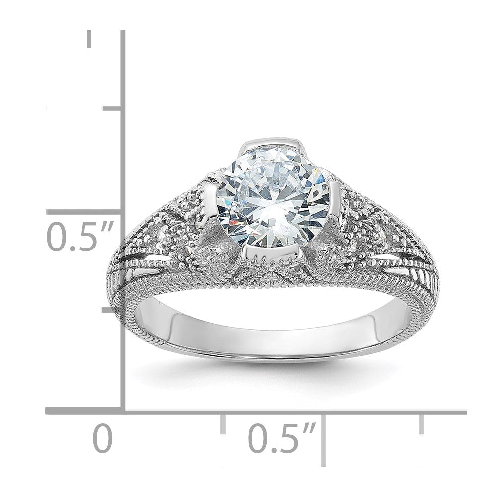 Sterling Silver Rhodium Plated Cz Antique Style Ring