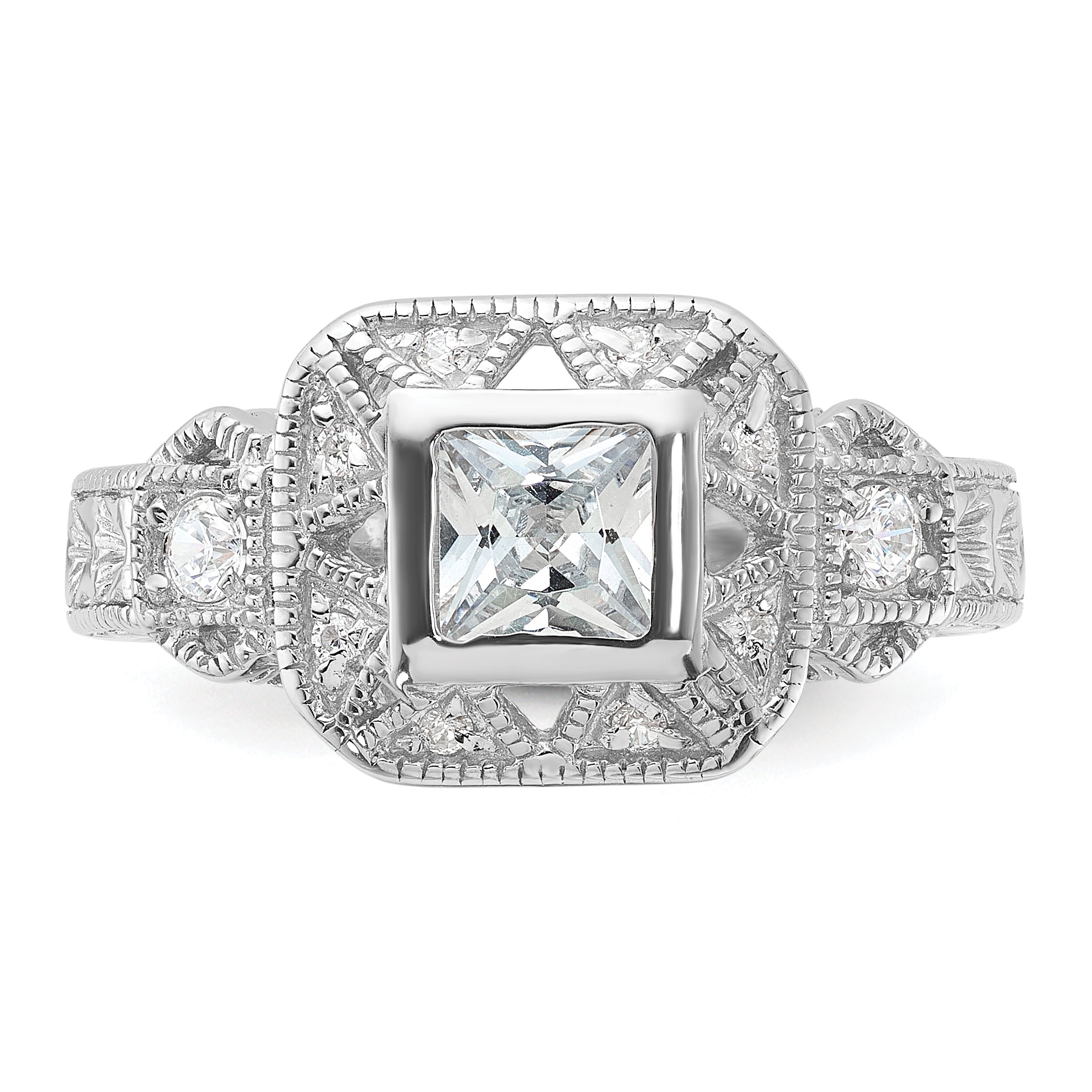 Sterling Silver Rhodium Plated Cz Antique Style Ring