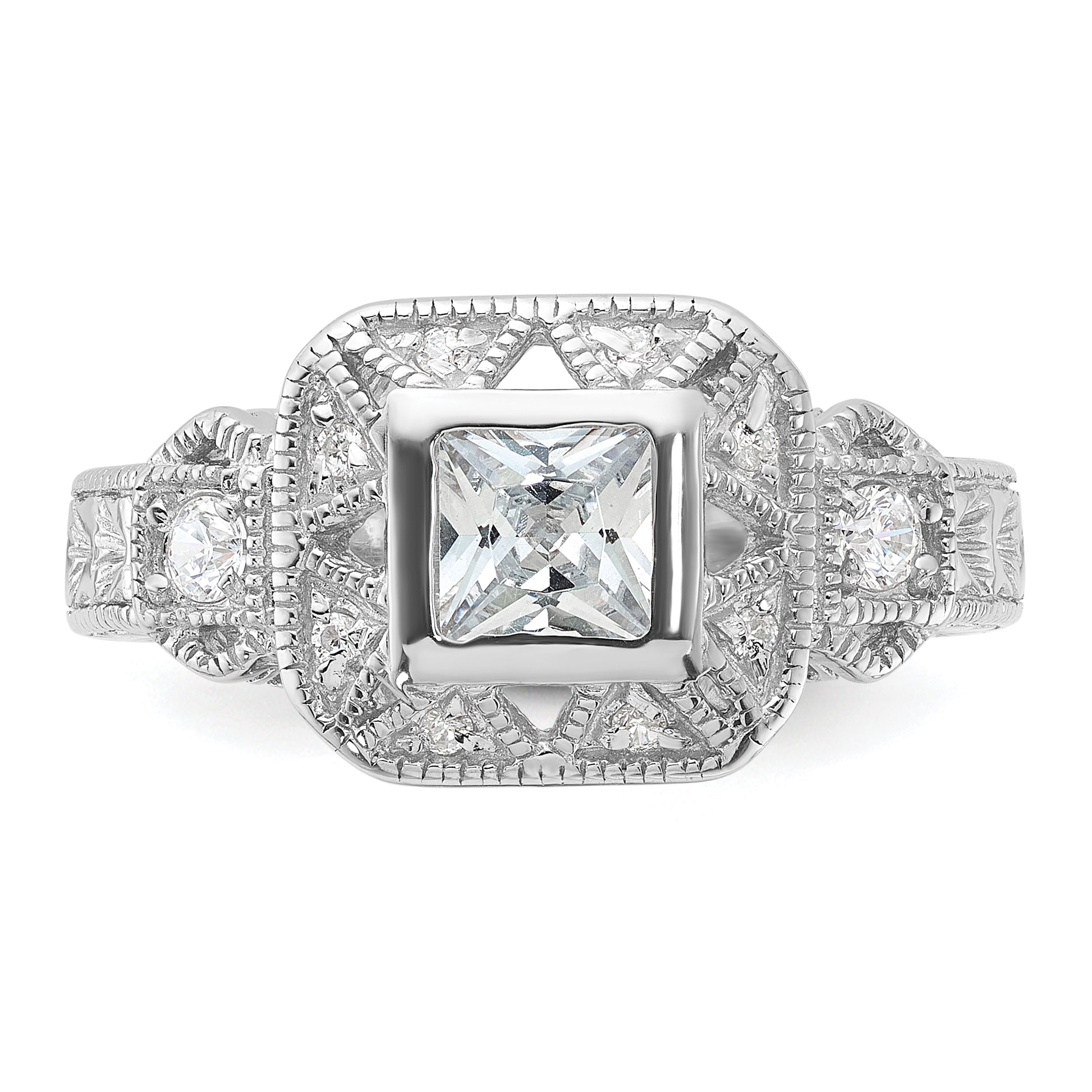 Sterling Silver Rhodium Plated Cz Antique Style Ring