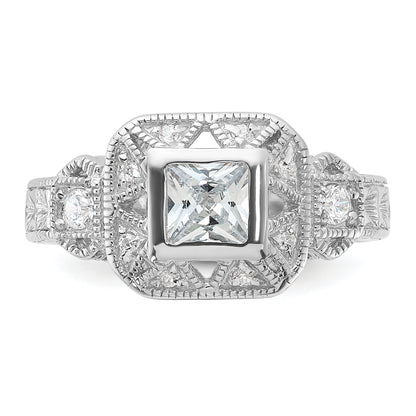 Sterling Silver Rhodium Plated Cz Antique Style Ring
