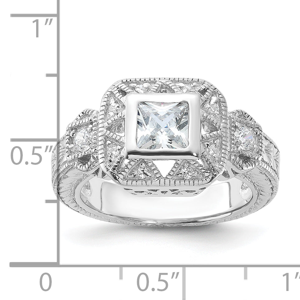 Sterling Silver Rhodium Plated Cz Antique Style Ring