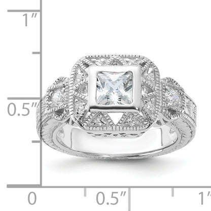 Sterling Silver Rhodium Plated Cz Antique Style Ring