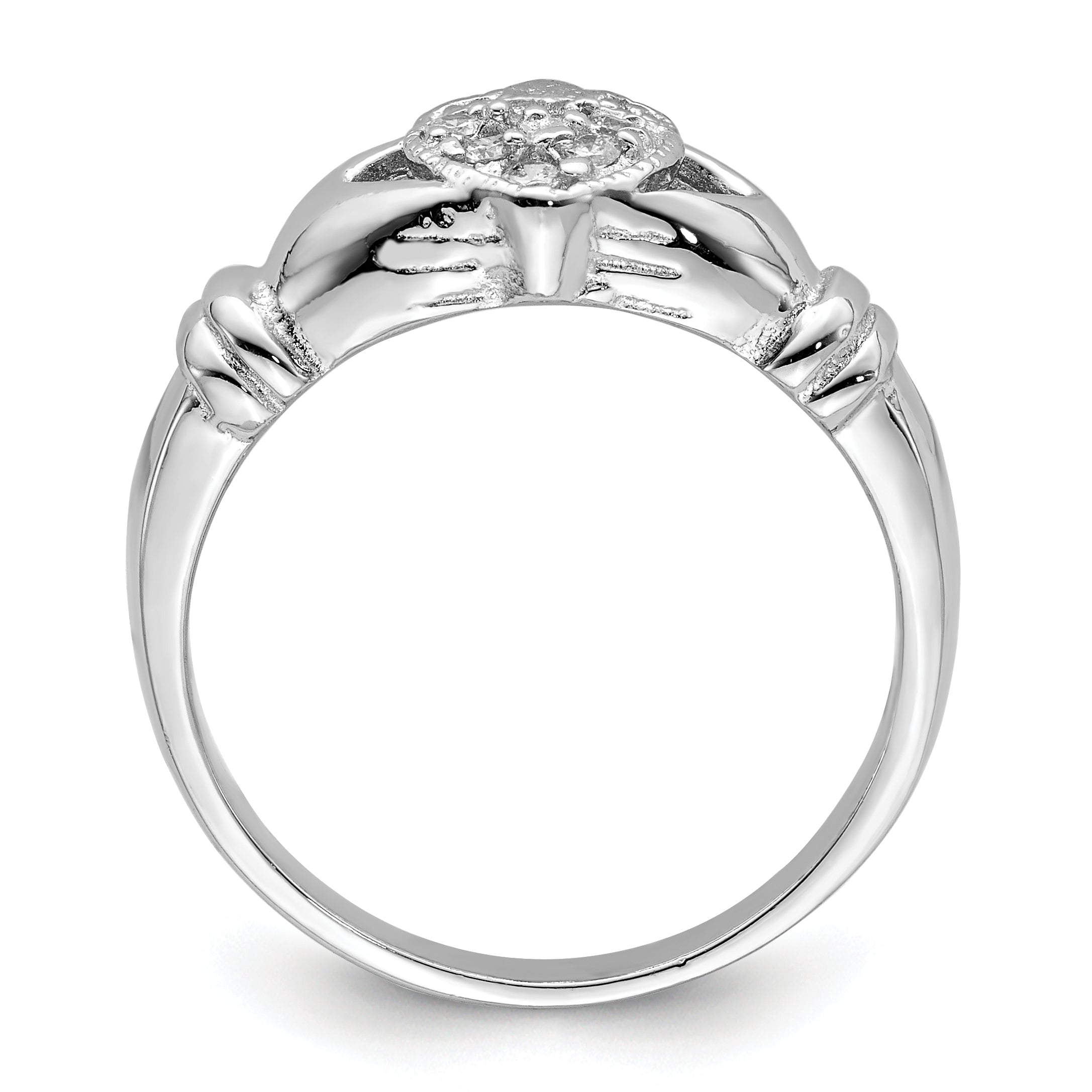 Sterling Silver Rhodium Plated Cz Claddagh Ring