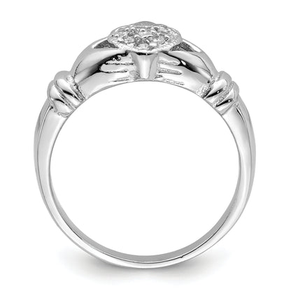 Sterling Silver Rhodium Plated Cz Claddagh Ring
