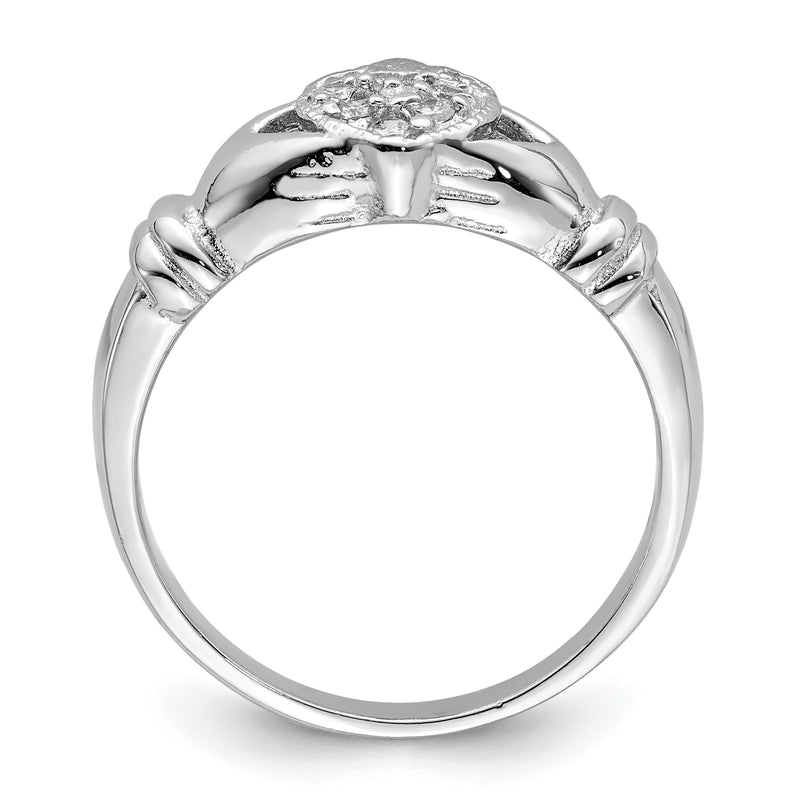 Sterling Silver Rhodium Plated Cz Claddagh Ring