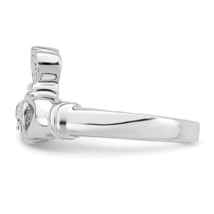 Sterling Silver Rhodium Plated Cz Claddagh Ring