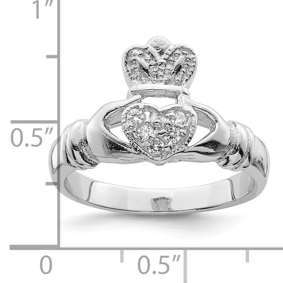 Sterling Silver Rhodium Plated Cz Claddagh Ring