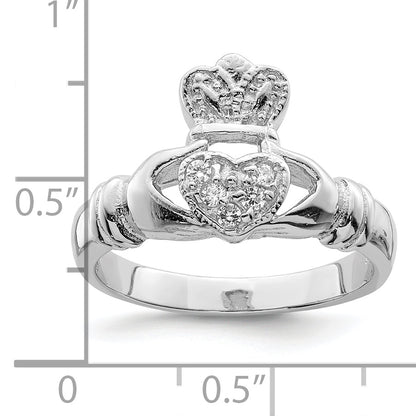 Sterling Silver Rhodium Plated Cz Claddagh Ring