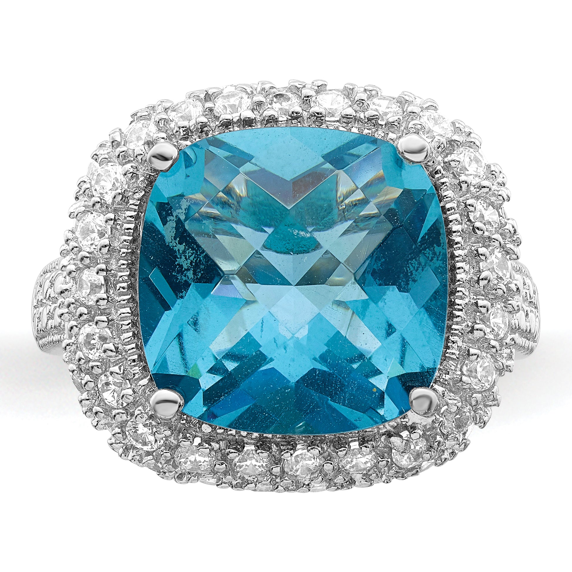 Sterling Silver Rhodium Plated Blue Cz Ring