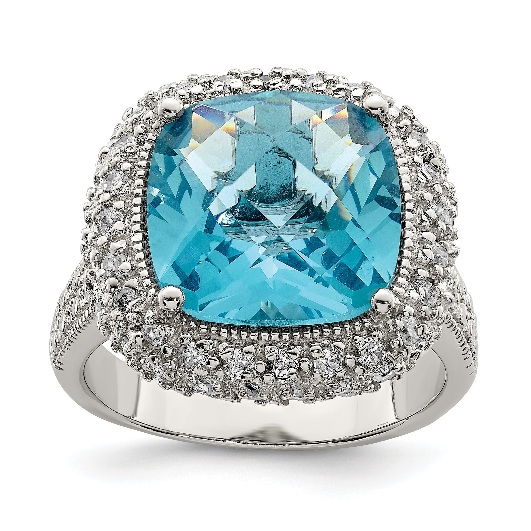 Sterling Silver Rhodium Plated Blue Cz Ring