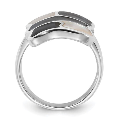 Sterling Silver Polished Mother Of Pearl & Black Enamel Ring (Size 6 Only)