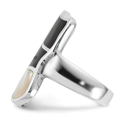 Sterling Silver Polished Mother Of Pearl & Black Enamel Ring (Size 6 Only)