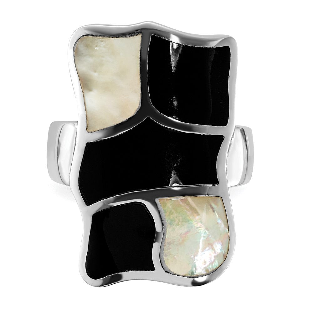 Sterling Silver Polished Mother Of Pearl & Black Enamel Ring (Size 6 Only)