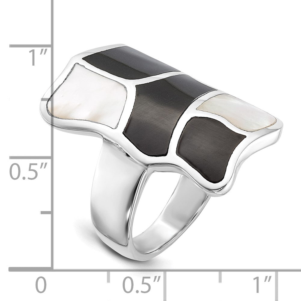 Sterling Silver Polished Mother Of Pearl & Black Enamel Ring (Size 6 Only)
