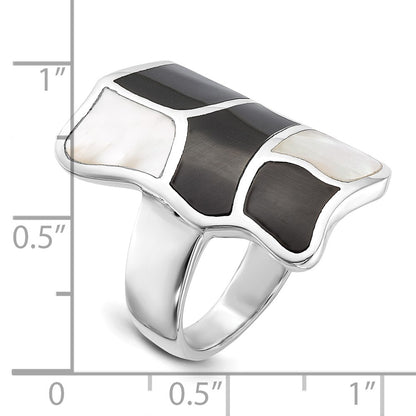 Sterling Silver Polished Mother Of Pearl & Black Enamel Ring (Size 6 Only)