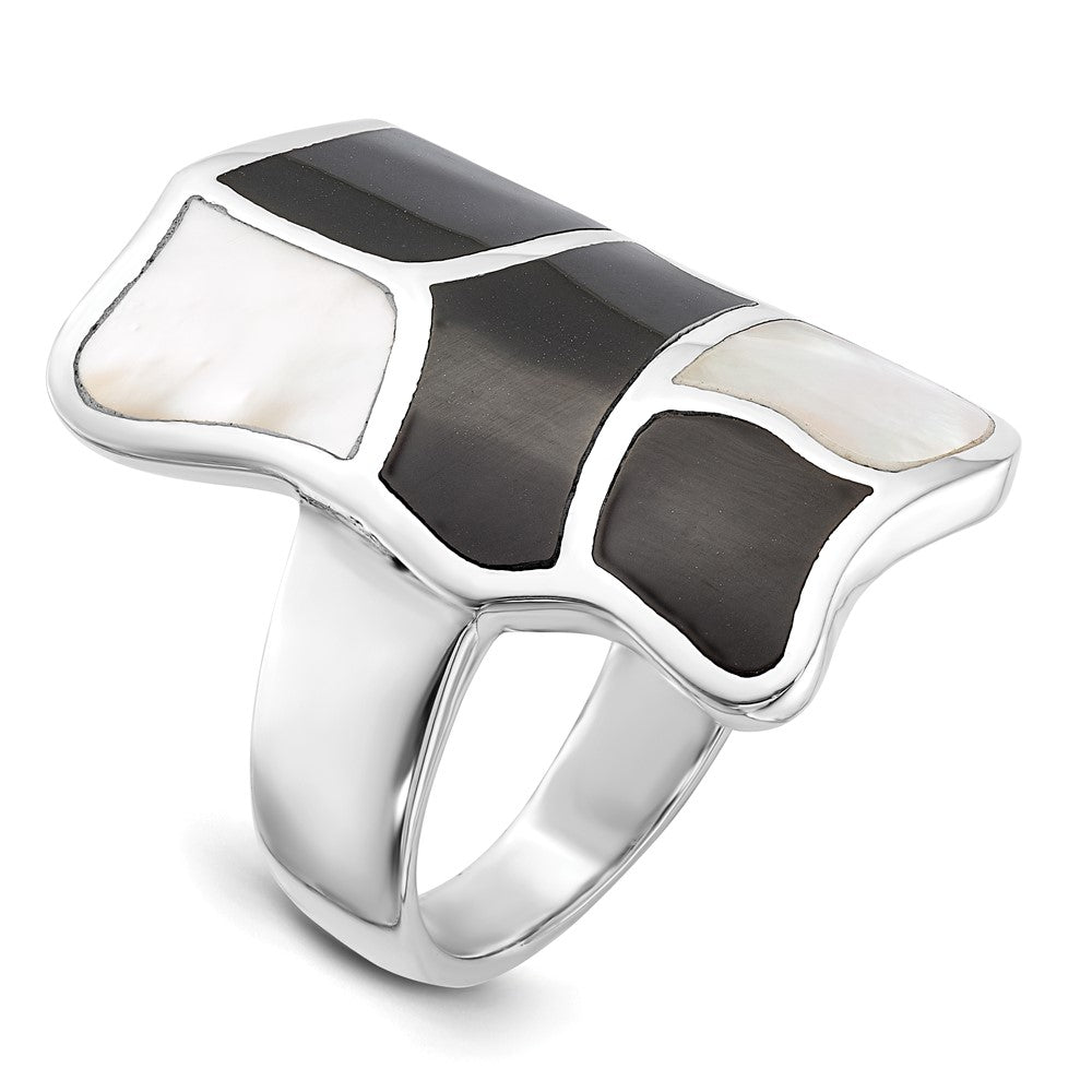 Sterling Silver Polished Mother Of Pearl & Black Enamel Ring (Size 6 Only)