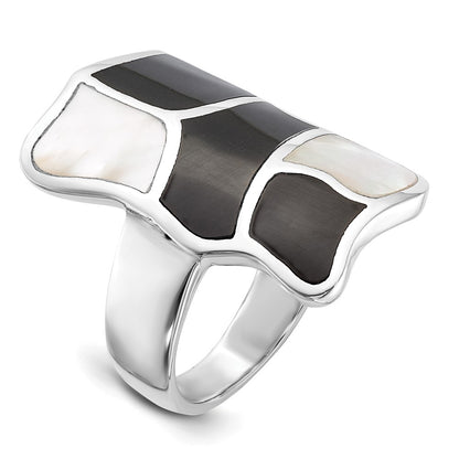 Sterling Silver Polished Mother Of Pearl & Black Enamel Ring (Size 6 Only)