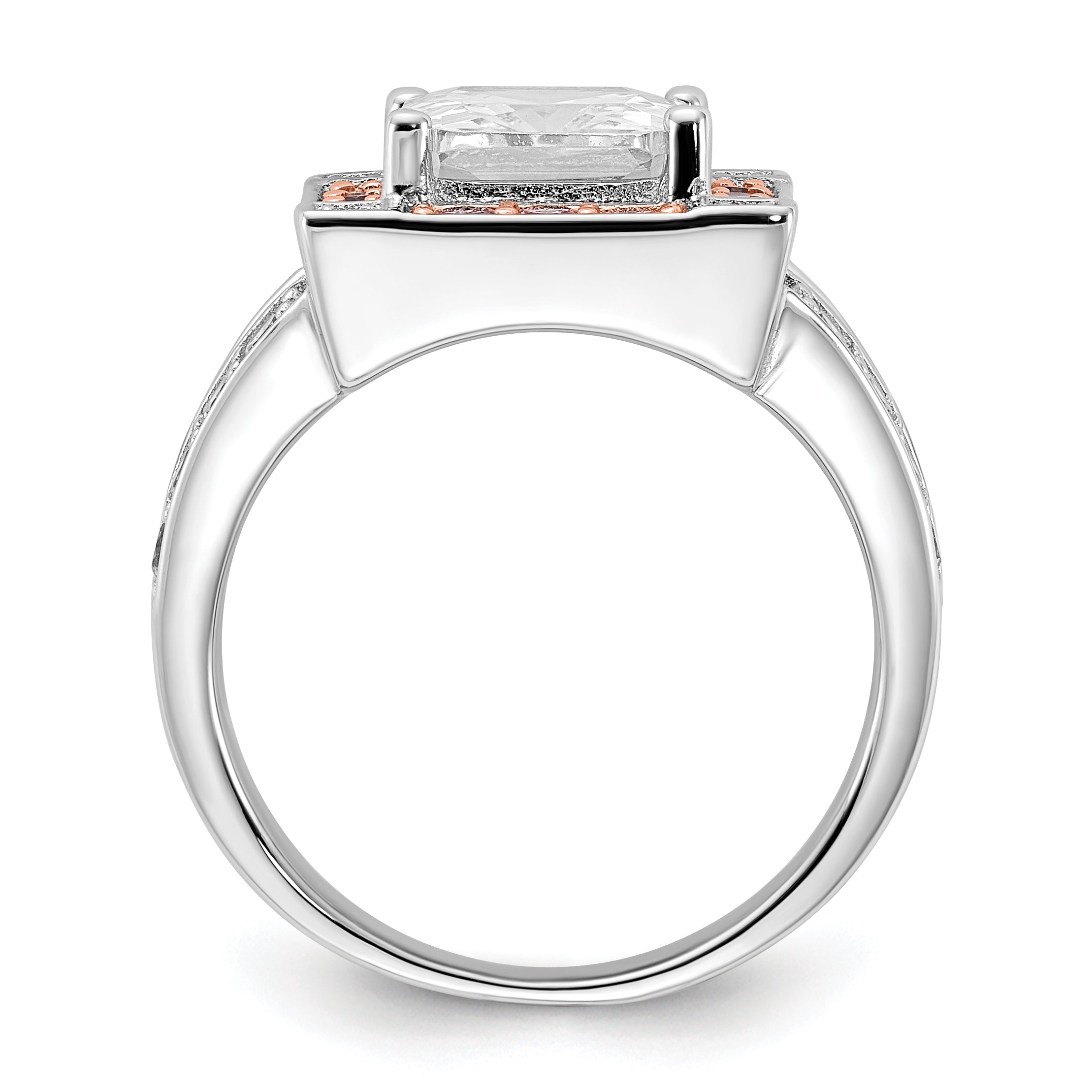 Sterling Silver W/ Rose Tone Vermeil Polished Square Pink & Clear Cz Ring (Size 7 Only)