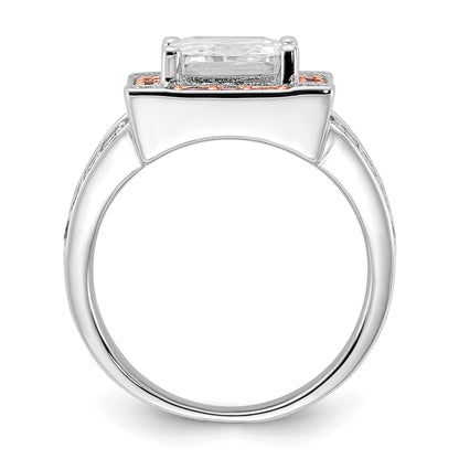 Sterling Silver W/ Rose Tone Vermeil Polished Square Pink & Clear Cz Ring (Size 7 Only)