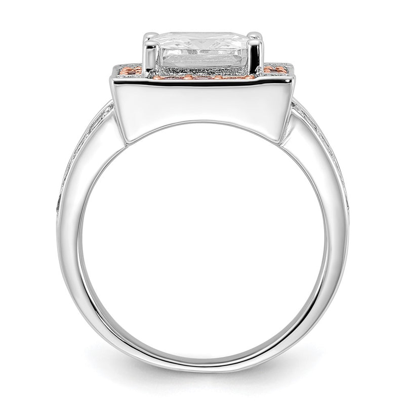 Sterling Silver W/ Rose Tone Vermeil Polished Square Pink & Clear Cz Ring (Size 7 Only)