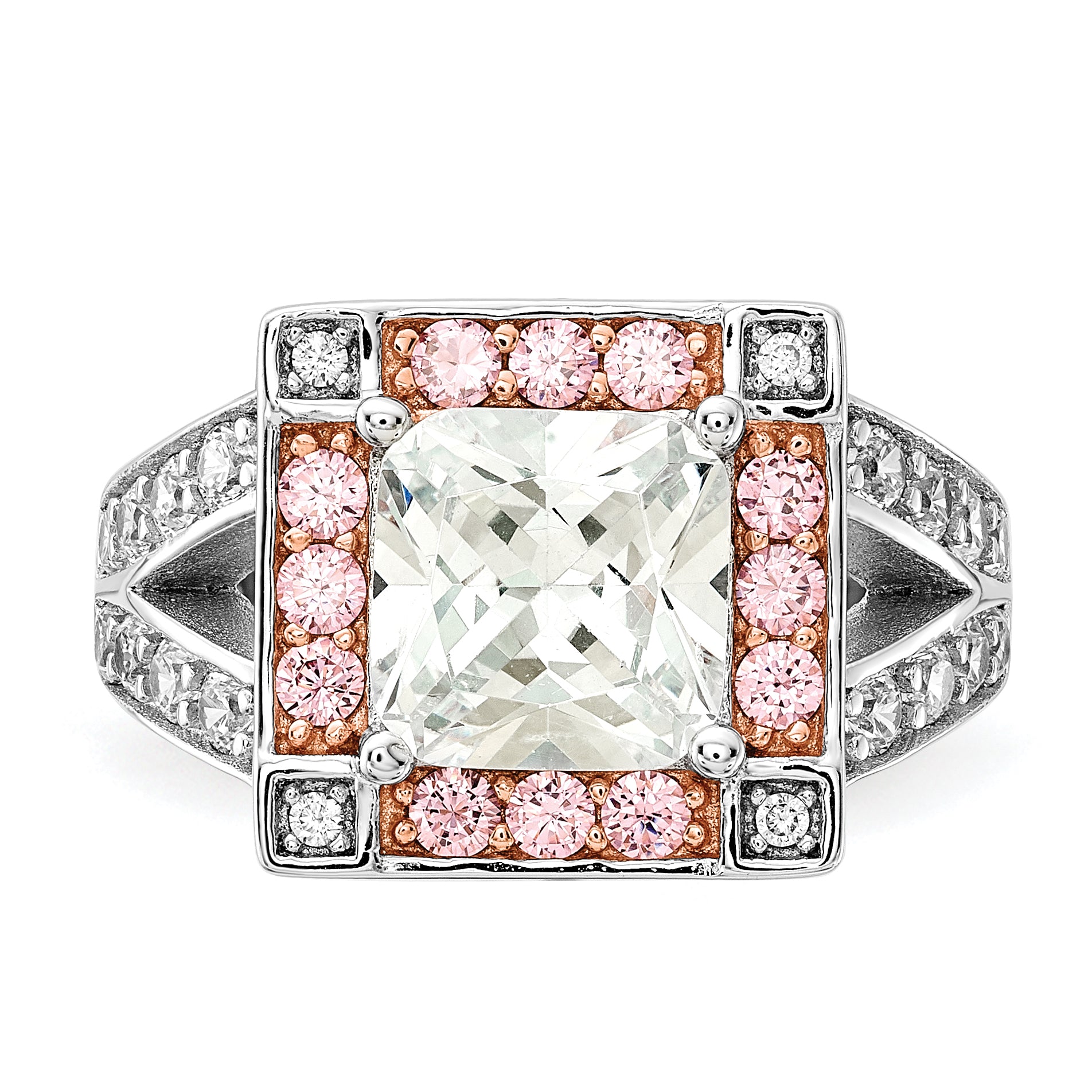 Sterling Silver W/ Rose Tone Vermeil Polished Square Pink & Clear Cz Ring (Size 7 Only)