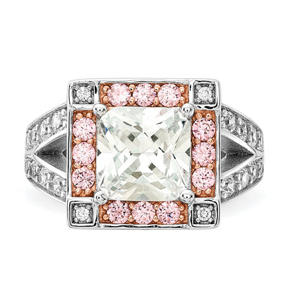 Sterling Silver W/ Rose Tone Vermeil Polished Square Pink & Clear Cz Ring (Size 7 Only)