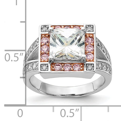 Sterling Silver W/ Rose Tone Vermeil Polished Square Pink & Clear Cz Ring (Size 7 Only)