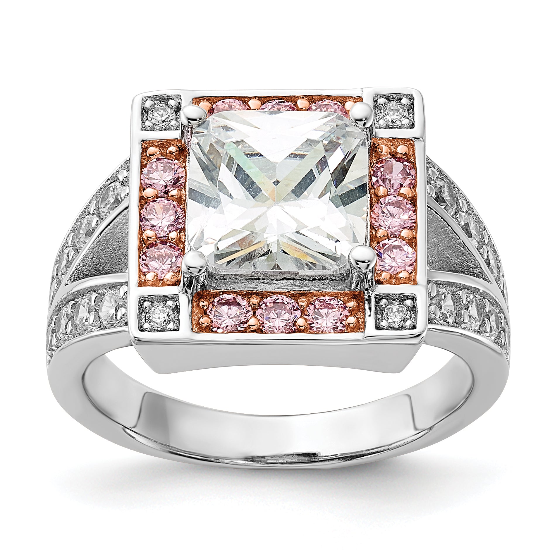 Sterling Silver W/ Rose Tone Vermeil Polished Square Pink & Clear Cz Ring (Size 7 Only)