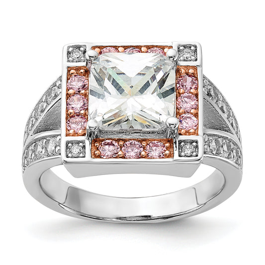 Sterling Silver W/ Rose Tone Vermeil Polished Square Pink & Clear Cz Ring (Size 7 Only)